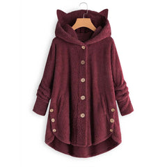 Cute Cat Ears Hooded Plush Solid Color Button Coat