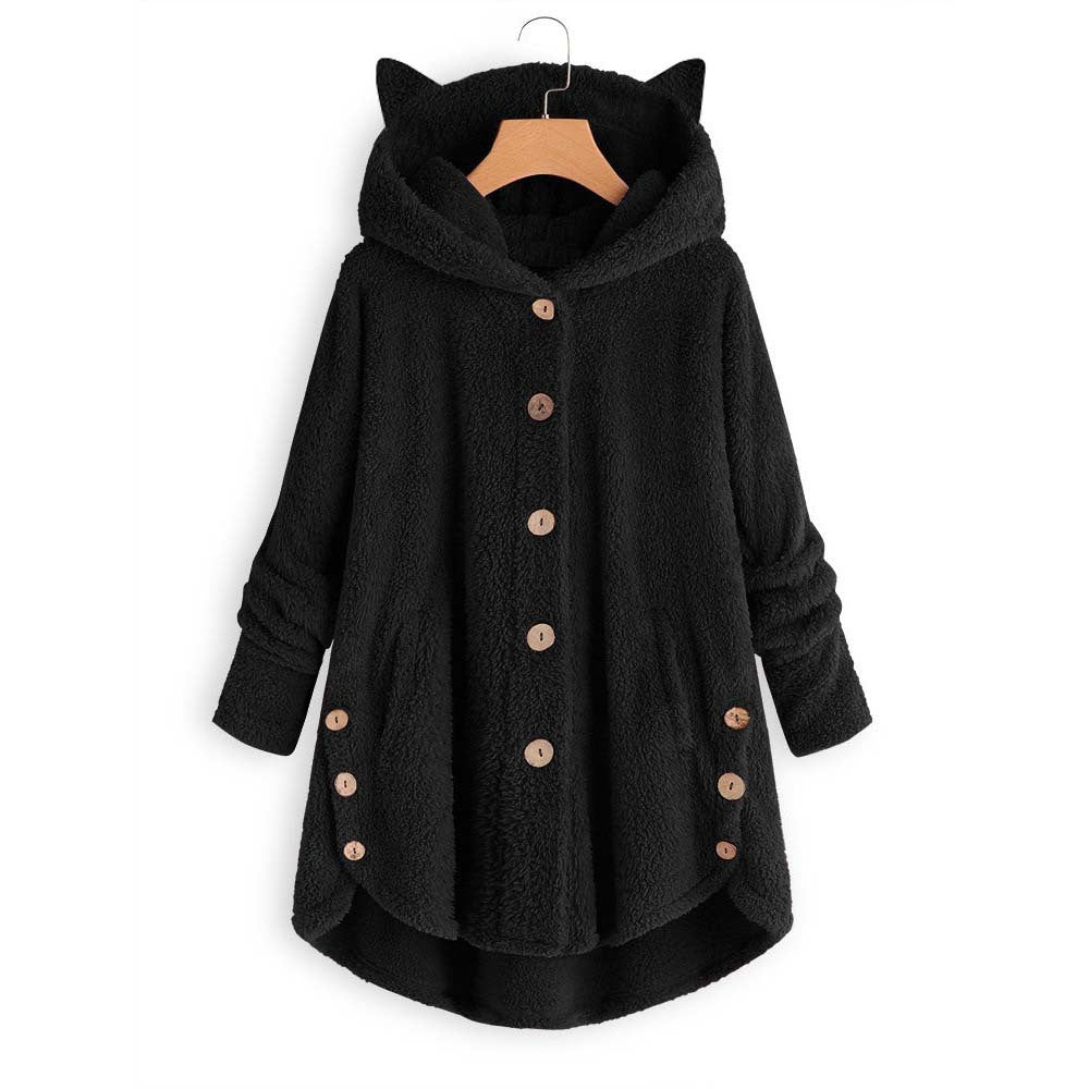 Cute Cat Ears Hooded Plush Solid Color Button Coat