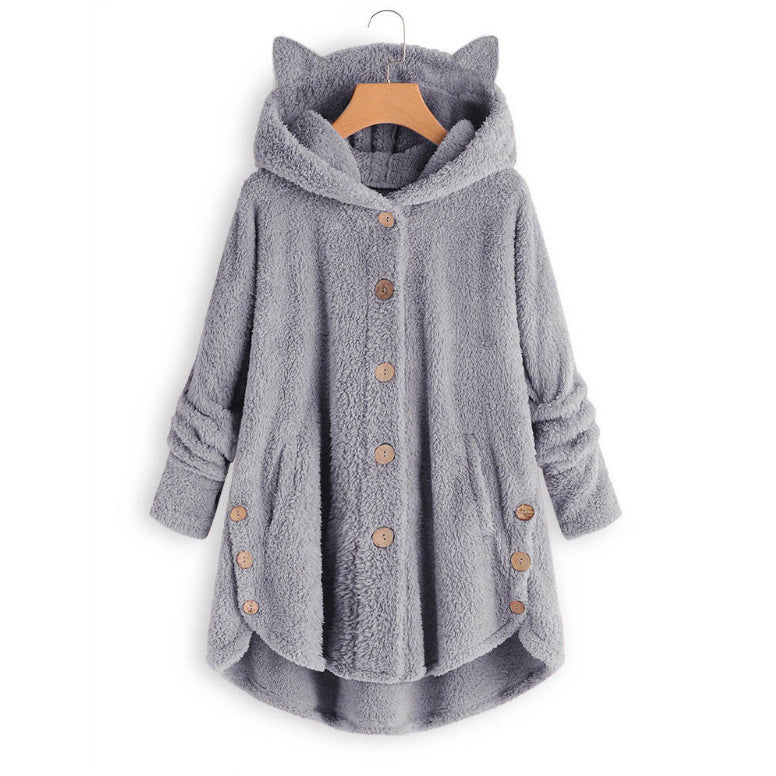 Cute Cat Ears Hooded Plush Solid Color Button Coat