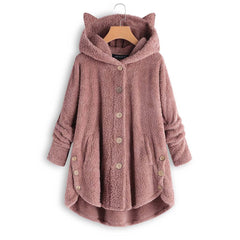 Cute Cat Ears Hooded Plush Solid Color Button Coat