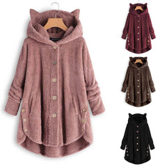 Cute Cat Ears Hooded Plush Solid Color Button Coat