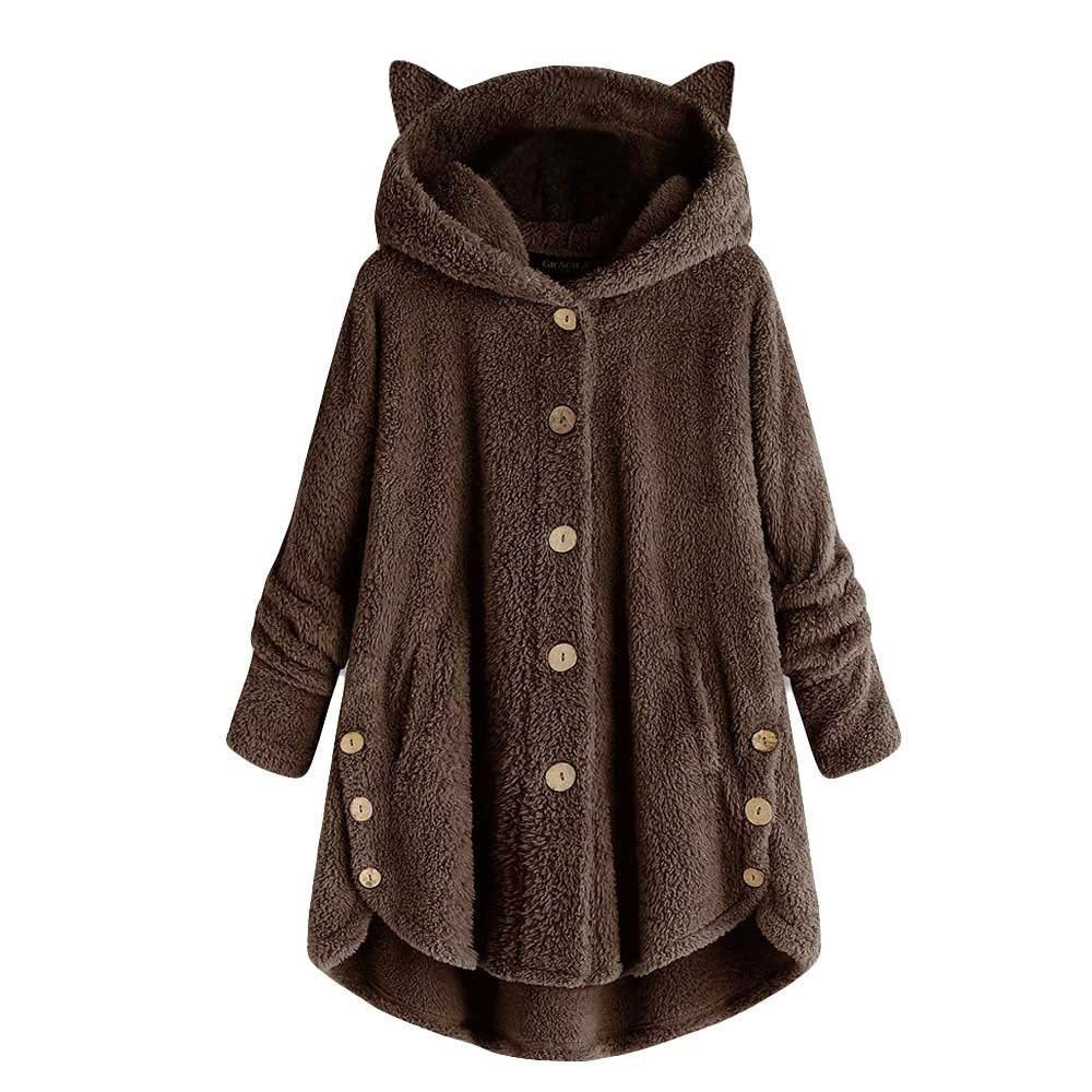 Cute Cat Ears Hooded Plush Solid Color Button Coat