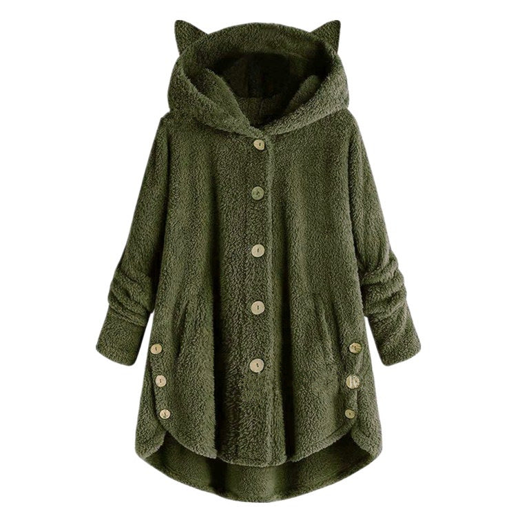 Cute Cat Ears Hooded Plush Solid Color Button Coat