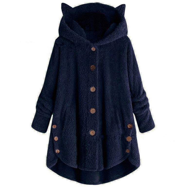 Cute Cat Ears Hooded Plush Solid Color Button Coat