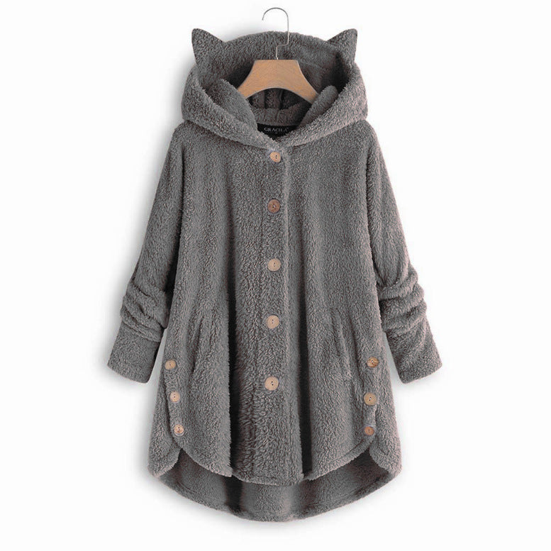 Cute Cat Ears Hooded Plush Solid Color Button Coat