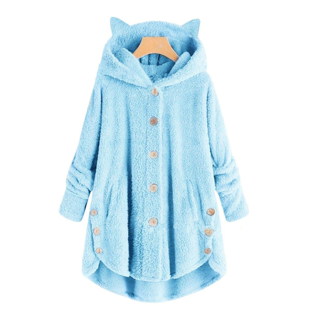 Cute Cat Ears Hooded Plush Solid Color Button Coat