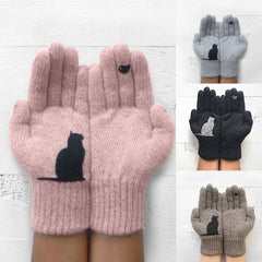 Women's Cat and Bird Printed Knitted Outdoor Gloves