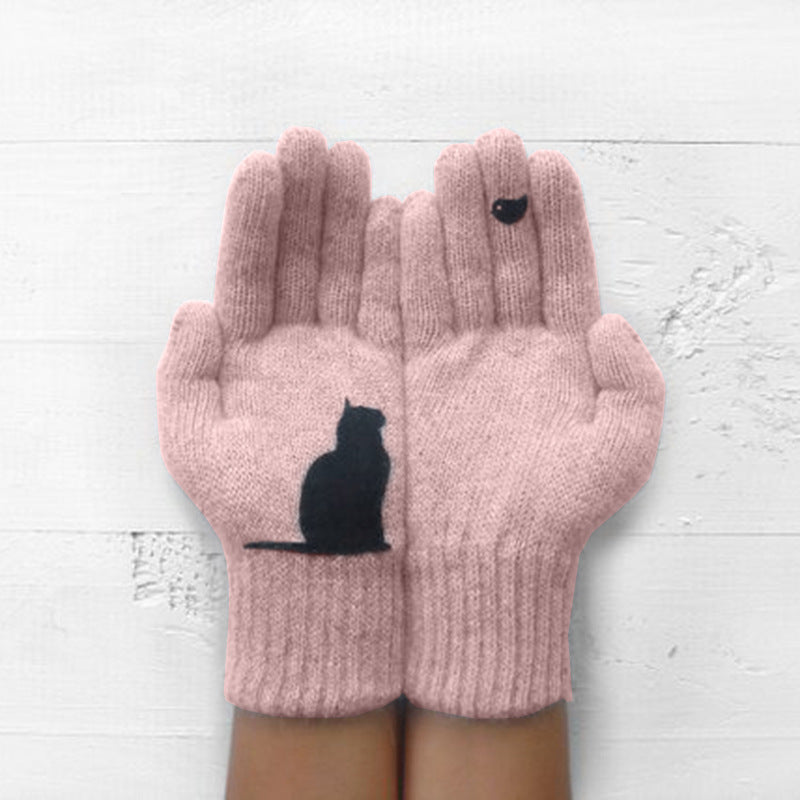 Women's Cat and Bird Printed Knitted Outdoor Gloves