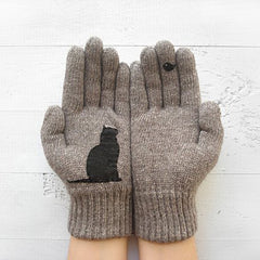 Women's Cat and Bird Printed Knitted Outdoor Gloves