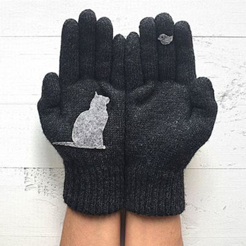 Women's Cat and Bird Printed Knitted Outdoor Gloves