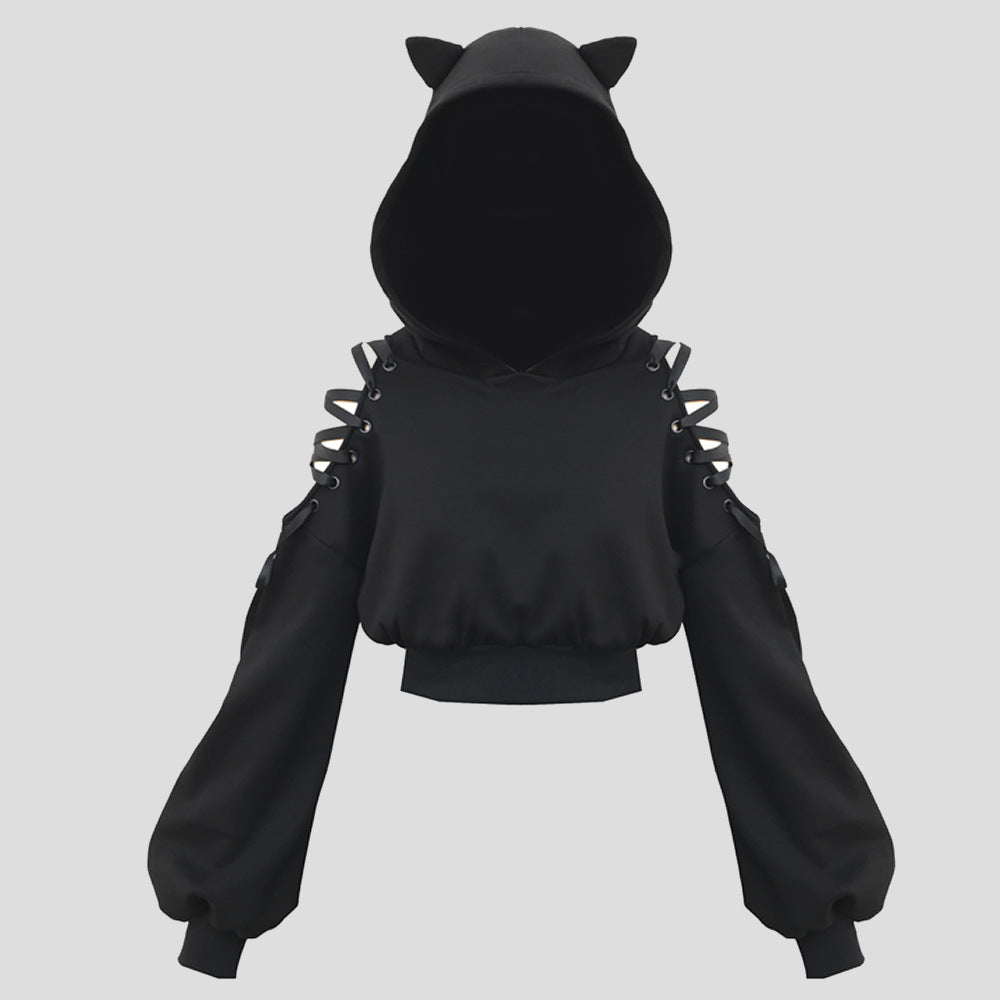 Women's Cat Ears Off-the-shoulder Cropped Hoodie