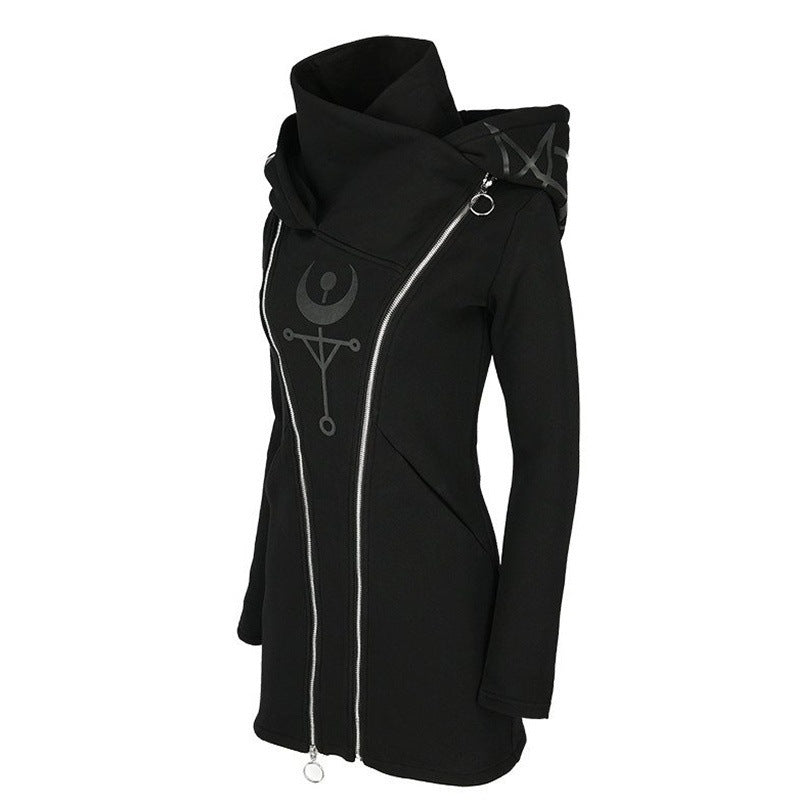 Chic Gothic Style Moon Printed Double Zipper Hoodie