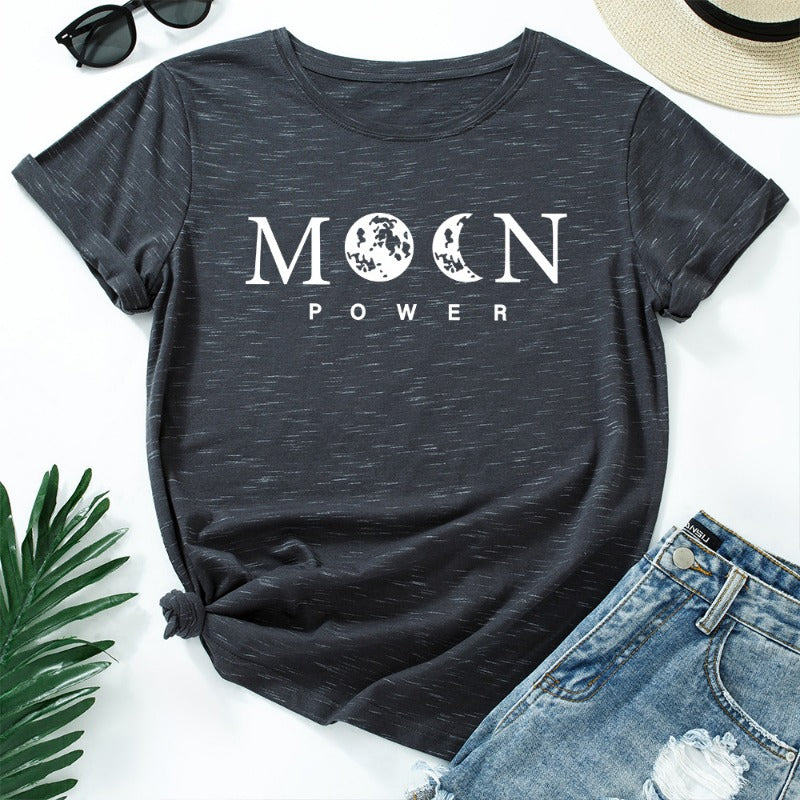 Women's Moon Power Print Loose Round Neck T-shirt