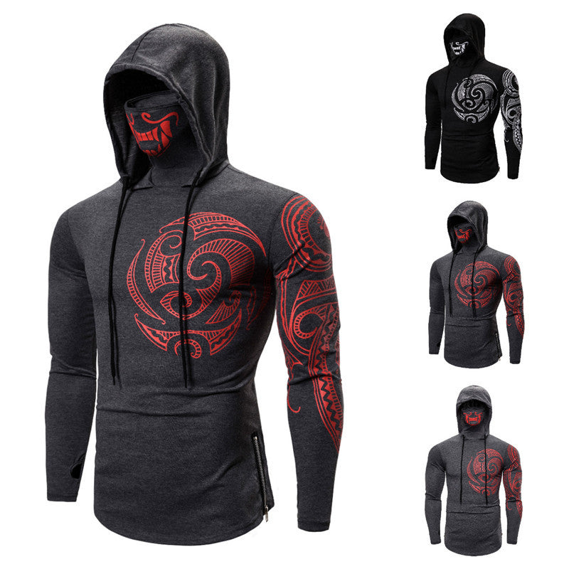 Elastic Fitness Men's Mask Ninja Long Sleeved Hooded T-shirt