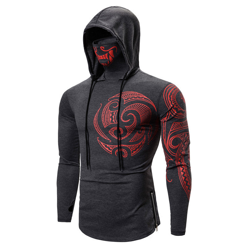 Elastic Fitness Men's Mask Ninja Long Sleeved Hooded T-shirt