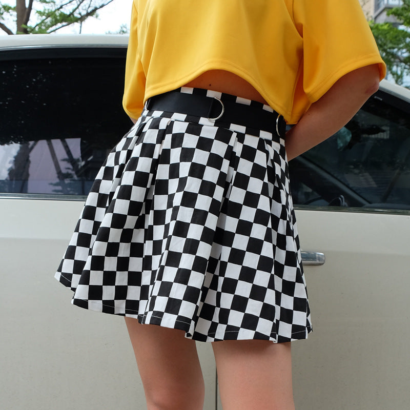 Women's Pleated Black and White Checkered Printed Skirt