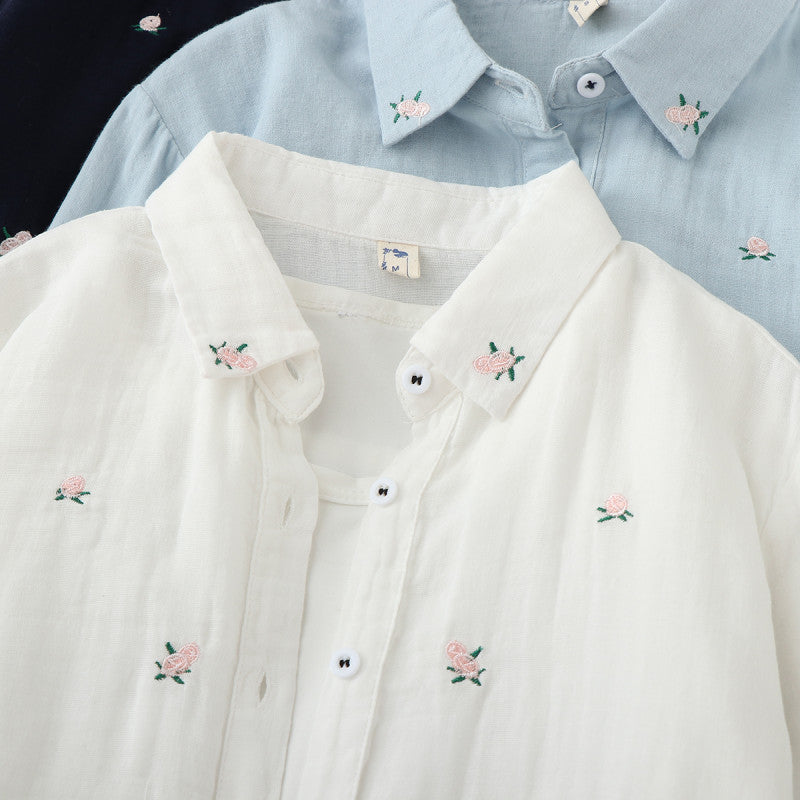 Fresh Lapel Floral Embroidered Long Sleeved Basic Shirt