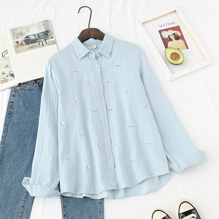 Fresh Lapel Floral Embroidered Long Sleeved Basic Shirt