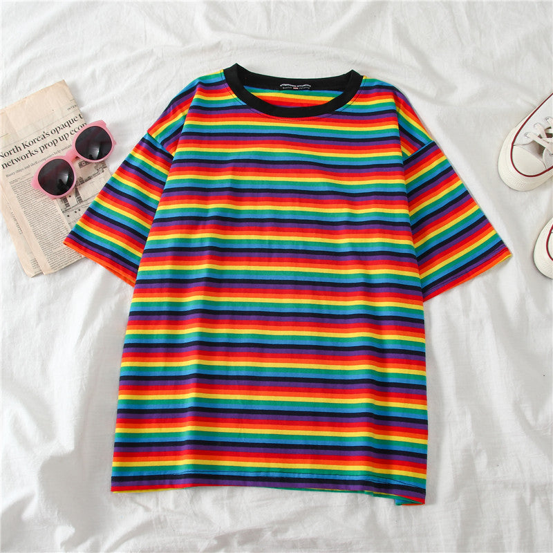 Chic Rainbow Striped Short-sleeved Loose T-shirt