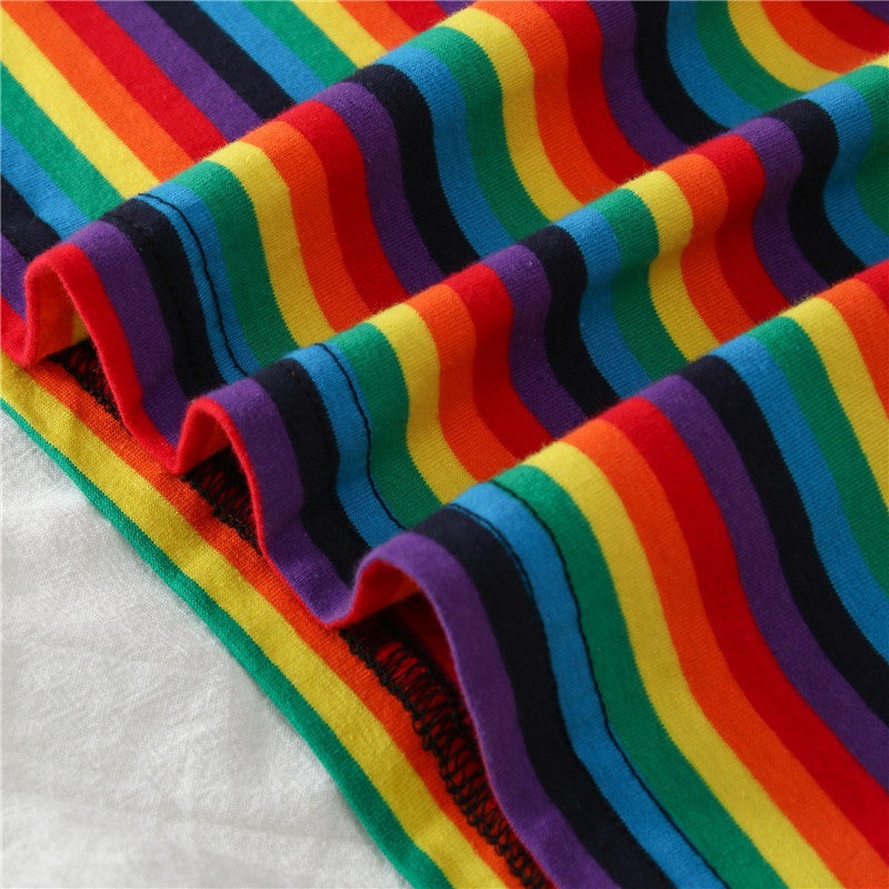 Chic Rainbow Striped Short-sleeved Loose T-shirt