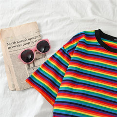 Chic Rainbow Striped Short-sleeved Loose T-shirt