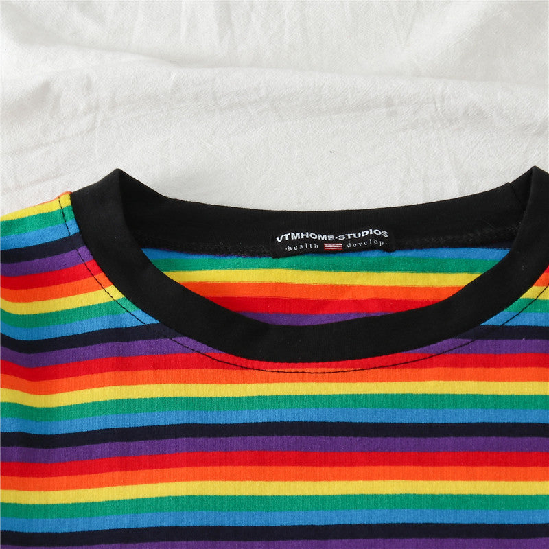 Chic Rainbow Striped Short-sleeved Loose T-shirt