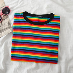 Chic Rainbow Striped Short-sleeved Loose T-shirt