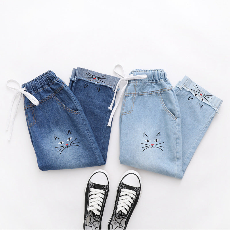 Japanese Style Cartoon Cat Embroidered Denim Jeans