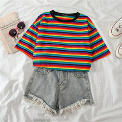 Chic Rainbow Striped Short-sleeved Loose T-shirt