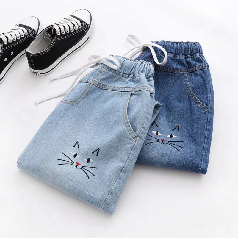 Japanese Style Cartoon Cat Embroidered Denim Jeans