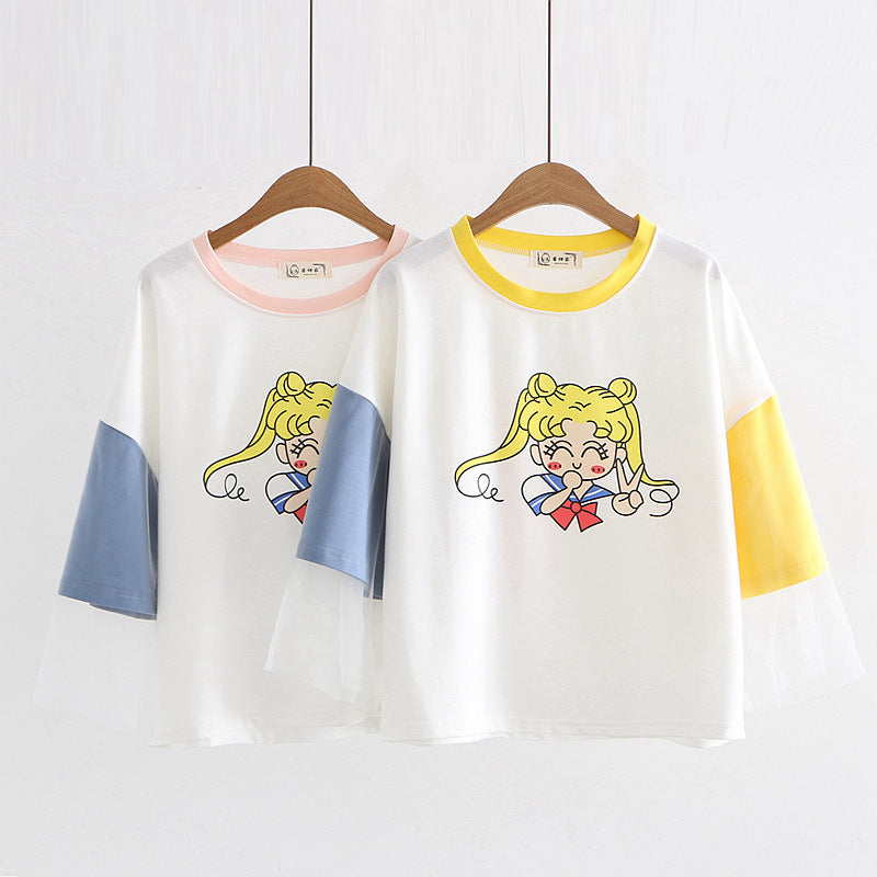 Sweet Girls Cartoon Print Short-sleeved T-shirt