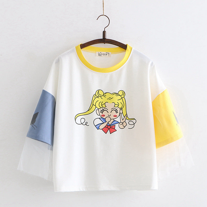 Sweet Girls Cartoon Print Short-sleeved T-shirt