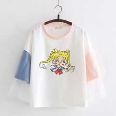 Sweet Girls Cartoon Print Short-sleeved T-shirt