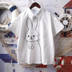 Japanese Style Cute Rabbit Embroidery Collar Short Sleeved Shirt