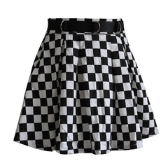 Women's Pleated Black and White Checkered Printed Skirt