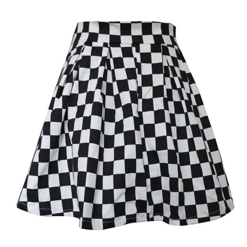 Women's Pleated Black and White Checkered Printed Skirt