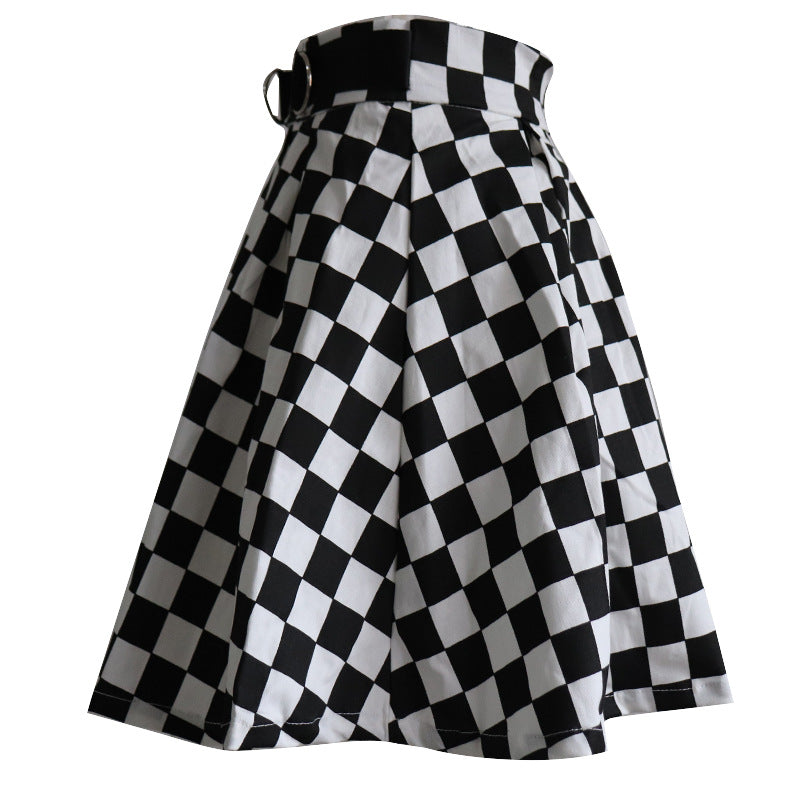 Women's Pleated Black and White Checkered Printed Skirt