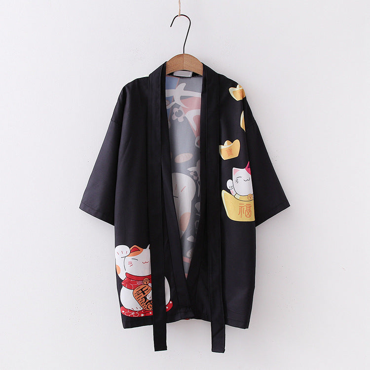 Japanese Style Women's Lucky Cat Printed Thin Cardigan Kimono