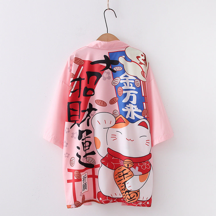 Japanese Style Women's Lucky Cat Printed Thin Cardigan Kimono