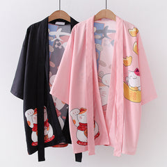 Japanese Style Women's Lucky Cat Printed Thin Cardigan Kimono