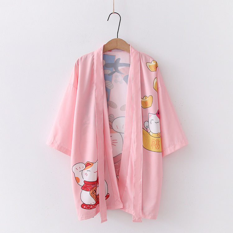 Japanese Style Women's Lucky Cat Printed Thin Cardigan Kimono