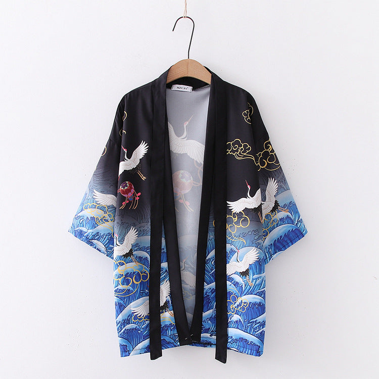 Women's Crane Print Cardigan Loose Kimono