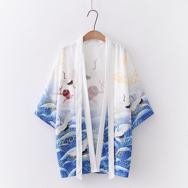 Women's Crane Print Cardigan Loose Kimono