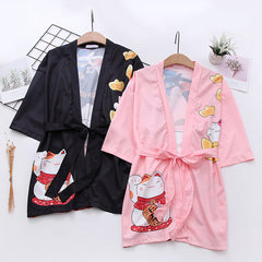 Japanese Style Women's Lucky Cat Printed Thin Cardigan Kimono