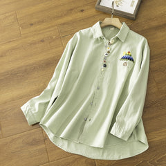 Cute Colorful Button House Embroidered Thick Shirt