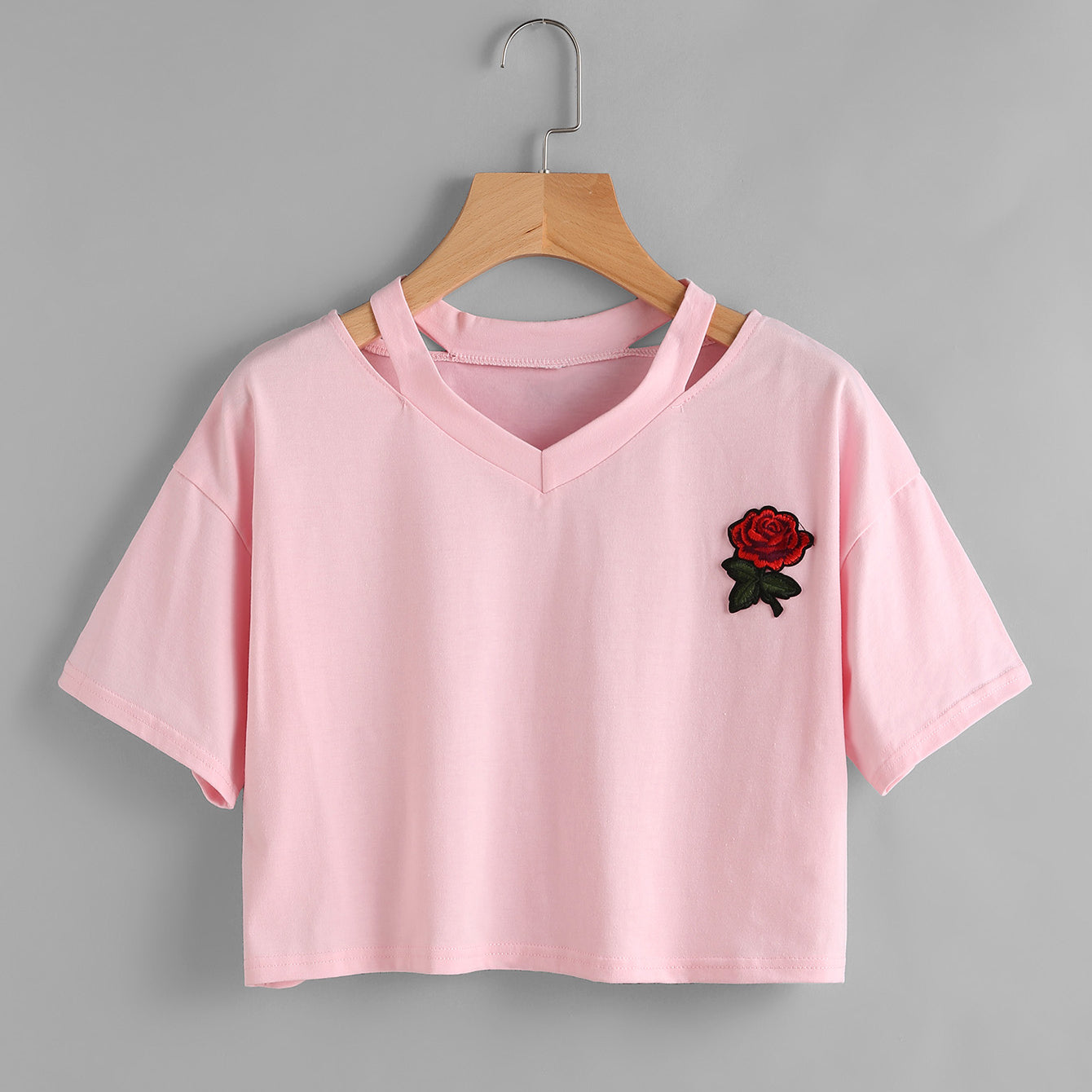 Sexy Rose Embroidered Short Sleeve Cropped T-shirt