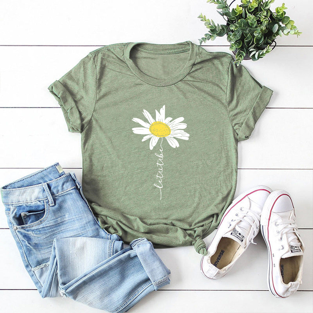 Women's Daisy Print Loose Short Sleeve T-shirt