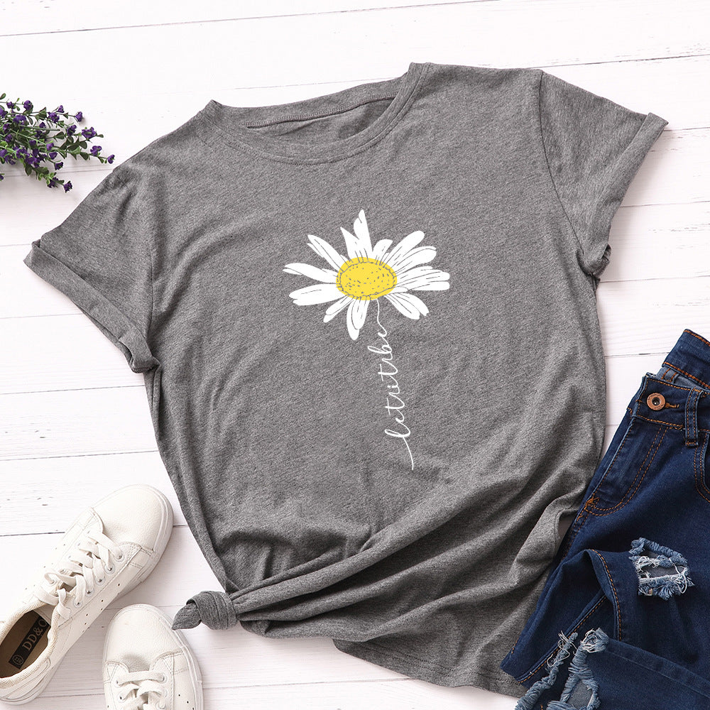 Women's Daisy Print Loose Short Sleeve T-shirt