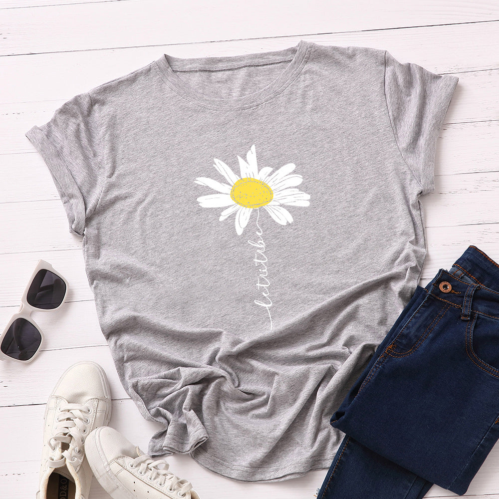 Women's Daisy Print Loose Short Sleeve T-shirt