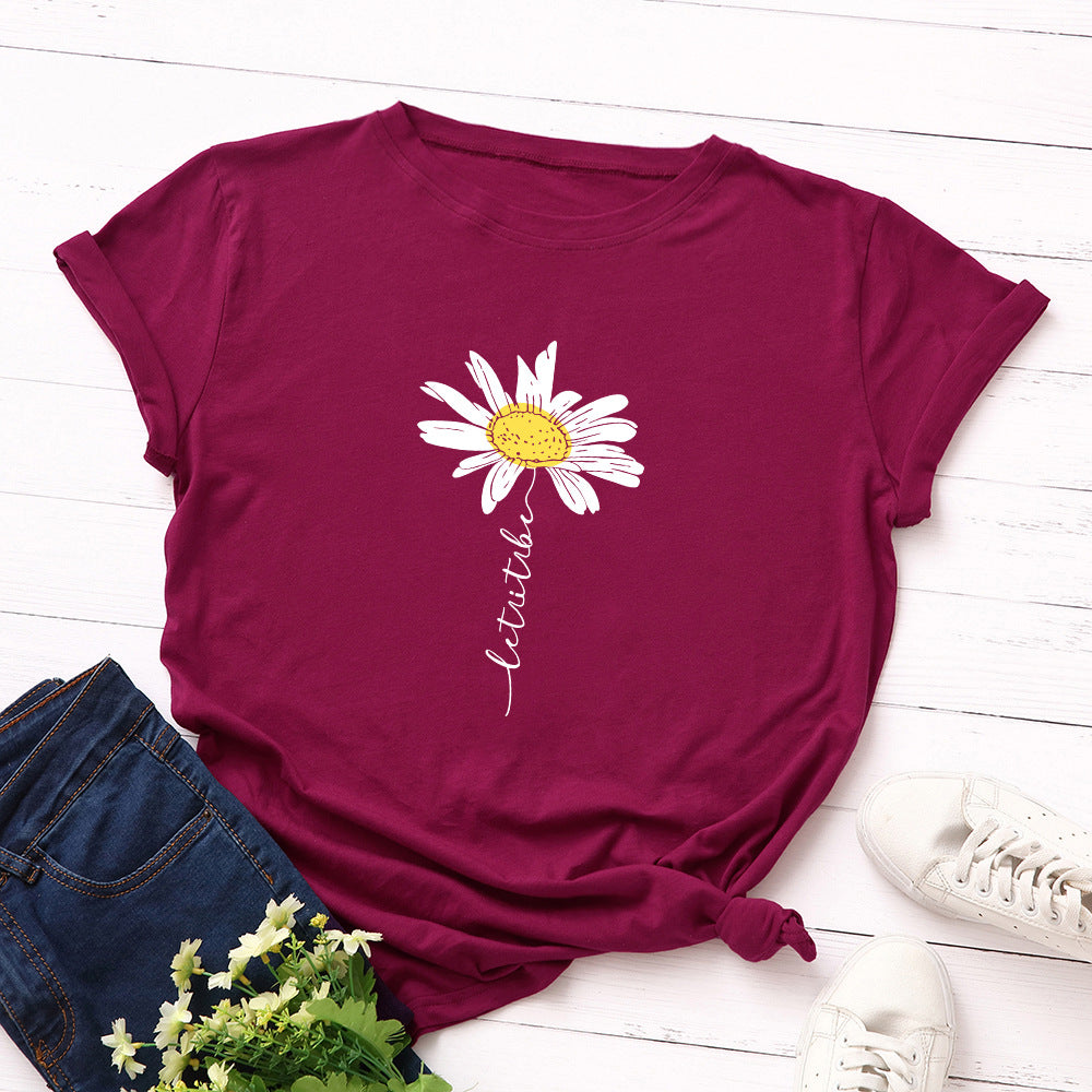 Women's Daisy Print Loose Short Sleeve T-shirt